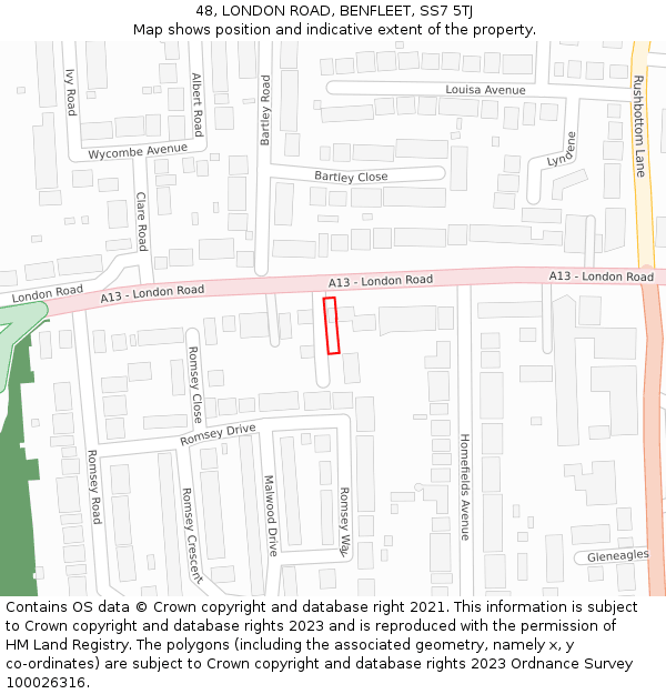 48, LONDON ROAD, BENFLEET, SS7 5TJ: Location map and indicative extent of plot