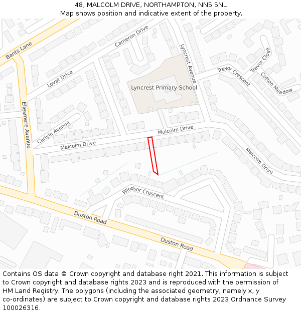 48, MALCOLM DRIVE, NORTHAMPTON, NN5 5NL: Location map and indicative extent of plot