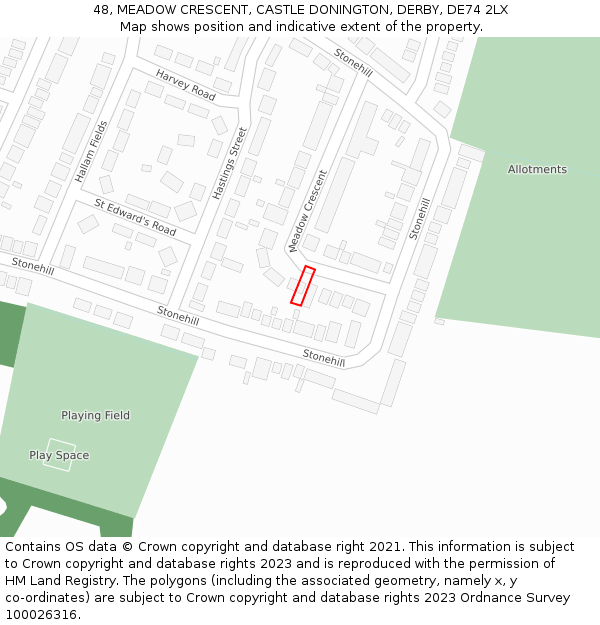 48, MEADOW CRESCENT, CASTLE DONINGTON, DERBY, DE74 2LX: Location map and indicative extent of plot