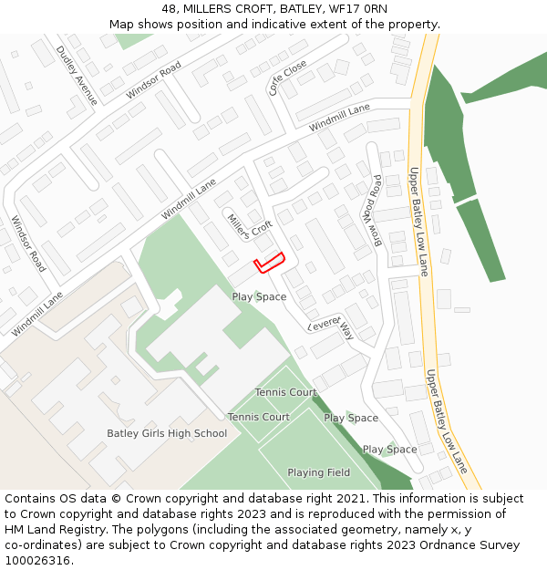 48, MILLERS CROFT, BATLEY, WF17 0RN: Location map and indicative extent of plot