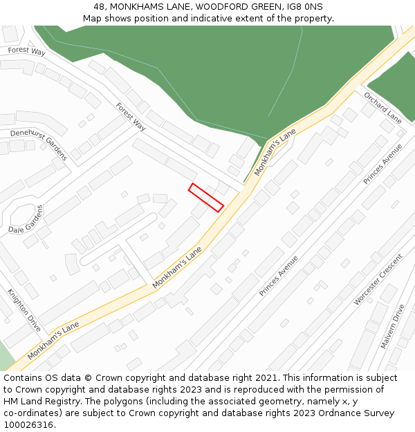 48, MONKHAMS LANE, WOODFORD GREEN, IG8 0NS: Location map and indicative extent of plot