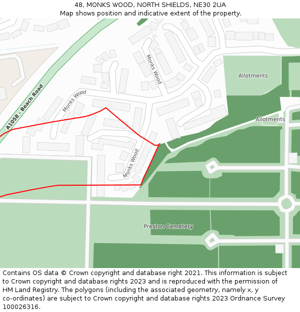 48, MONKS WOOD, NORTH SHIELDS, NE30 2UA: Location map and indicative extent of plot