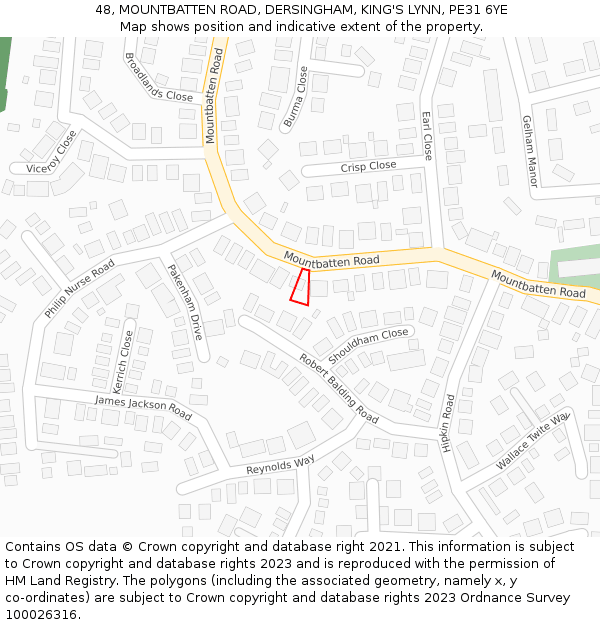 48, MOUNTBATTEN ROAD, DERSINGHAM, KING'S LYNN, PE31 6YE: Location map and indicative extent of plot
