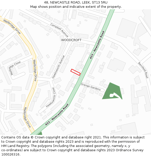 48, NEWCASTLE ROAD, LEEK, ST13 5RU: Location map and indicative extent of plot
