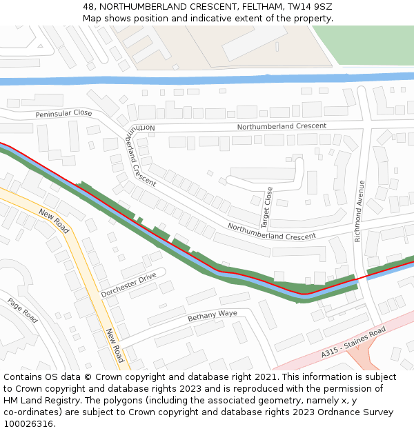 48, NORTHUMBERLAND CRESCENT, FELTHAM, TW14 9SZ: Location map and indicative extent of plot