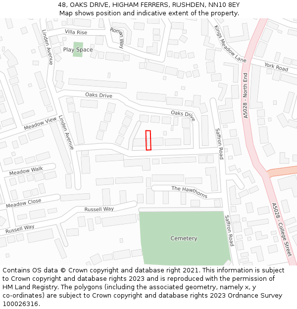 48, OAKS DRIVE, HIGHAM FERRERS, RUSHDEN, NN10 8EY: Location map and indicative extent of plot