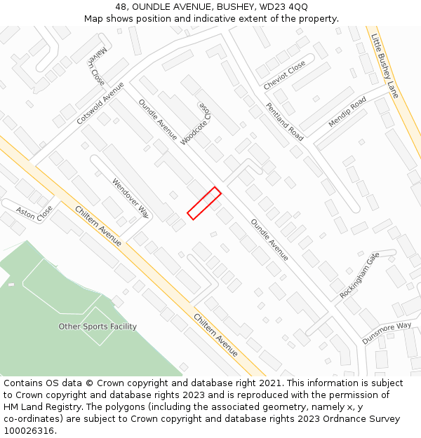48, OUNDLE AVENUE, BUSHEY, WD23 4QQ: Location map and indicative extent of plot