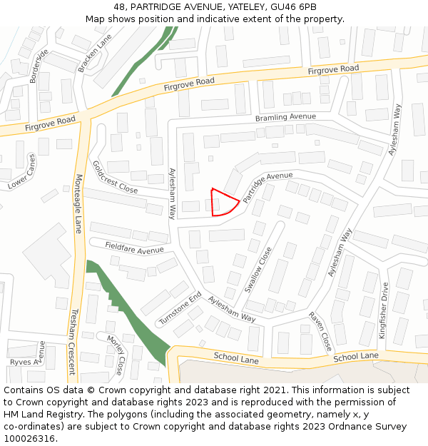 48, PARTRIDGE AVENUE, YATELEY, GU46 6PB: Location map and indicative extent of plot