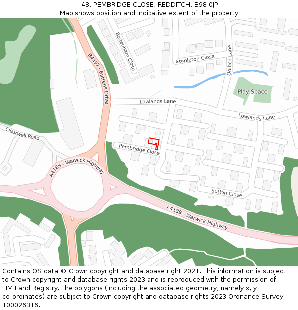 48, PEMBRIDGE CLOSE, REDDITCH, B98 0JP: Location map and indicative extent of plot