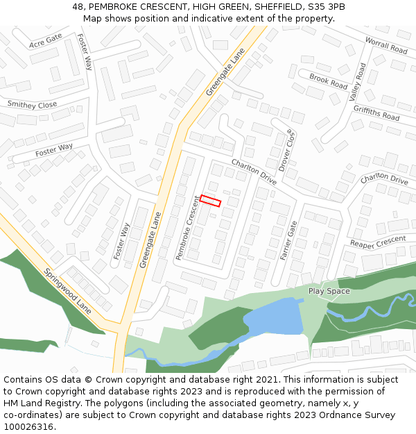 48, PEMBROKE CRESCENT, HIGH GREEN, SHEFFIELD, S35 3PB: Location map and indicative extent of plot