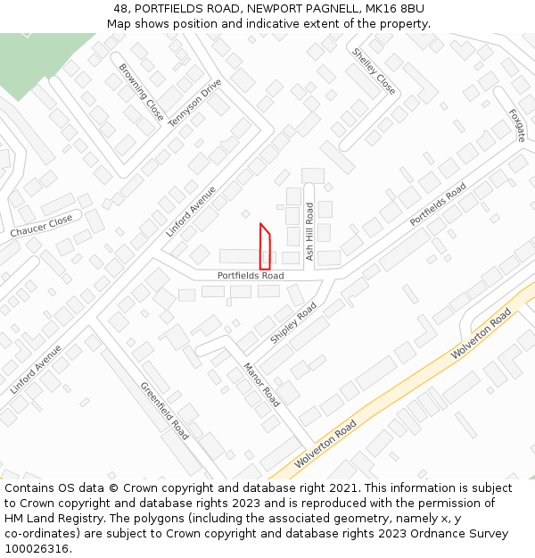 48, PORTFIELDS ROAD, NEWPORT PAGNELL, MK16 8BU: Location map and indicative extent of plot