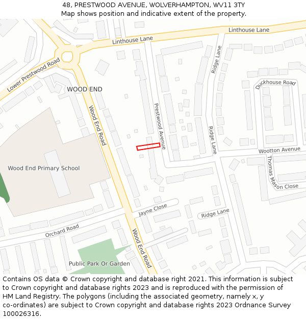 48, PRESTWOOD AVENUE, WOLVERHAMPTON, WV11 3TY: Location map and indicative extent of plot