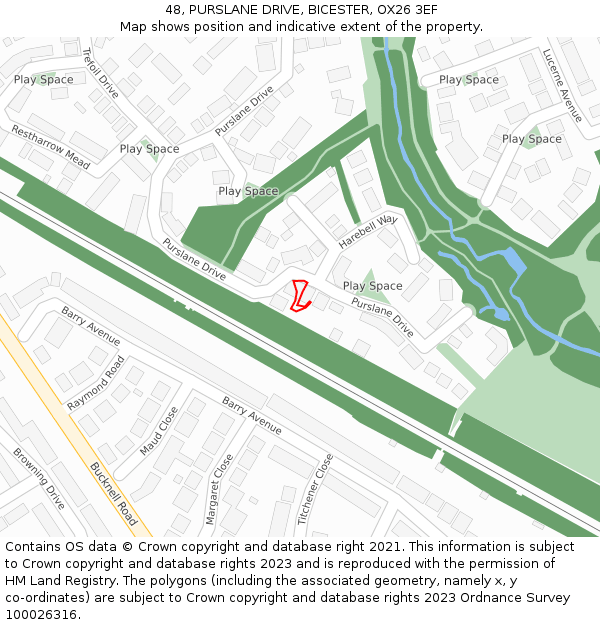 48, PURSLANE DRIVE, BICESTER, OX26 3EF: Location map and indicative extent of plot