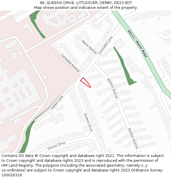 48, QUEENS DRIVE, LITTLEOVER, DERBY, DE23 6DT: Location map and indicative extent of plot