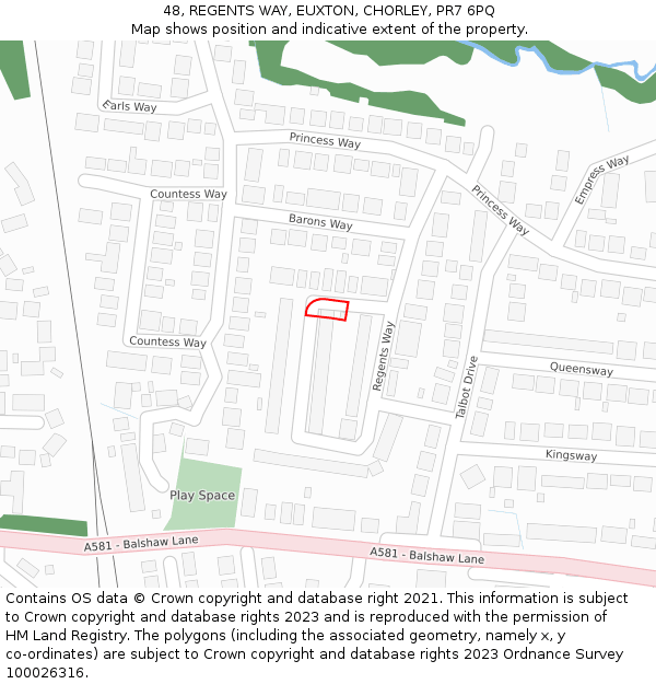 48, REGENTS WAY, EUXTON, CHORLEY, PR7 6PQ: Location map and indicative extent of plot