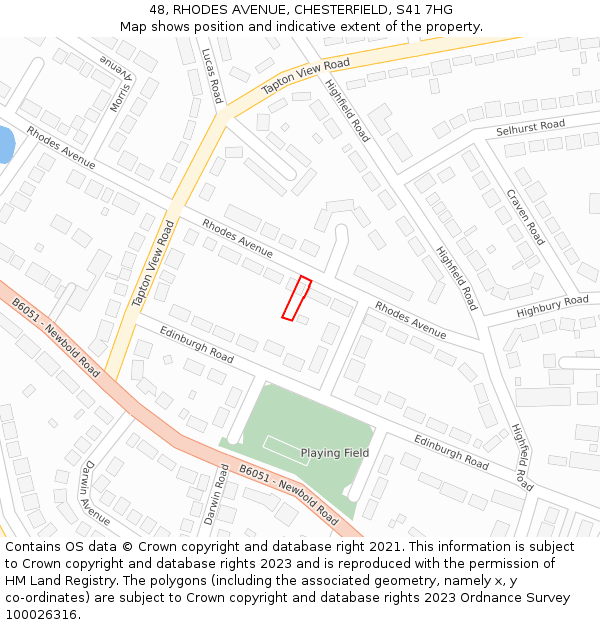 48, RHODES AVENUE, CHESTERFIELD, S41 7HG: Location map and indicative extent of plot