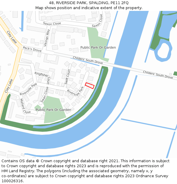 48, RIVERSIDE PARK, SPALDING, PE11 2FQ: Location map and indicative extent of plot