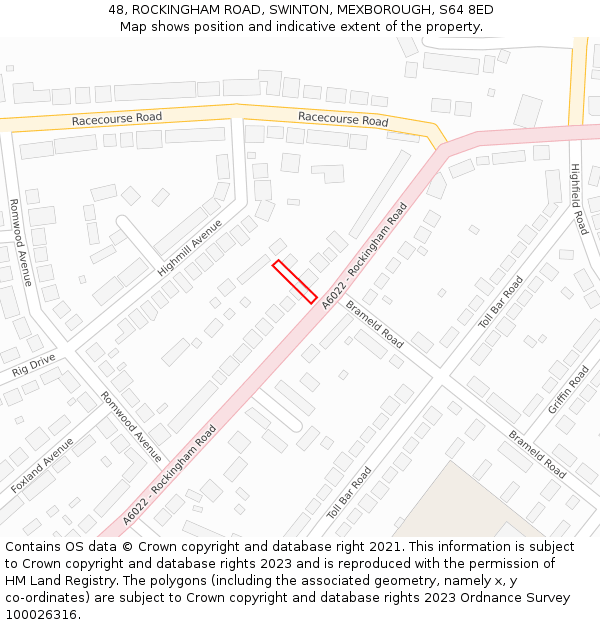 48, ROCKINGHAM ROAD, SWINTON, MEXBOROUGH, S64 8ED: Location map and indicative extent of plot