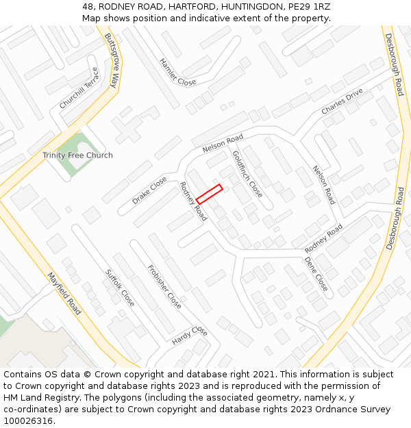 48, RODNEY ROAD, HARTFORD, HUNTINGDON, PE29 1RZ: Location map and indicative extent of plot