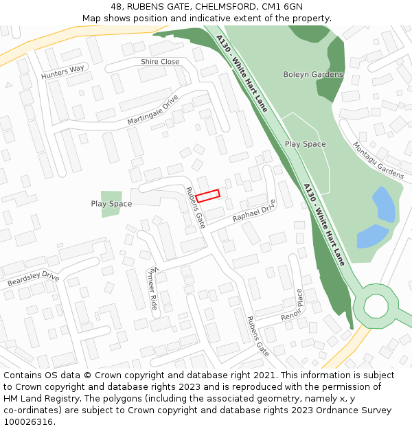 48, RUBENS GATE, CHELMSFORD, CM1 6GN: Location map and indicative extent of plot