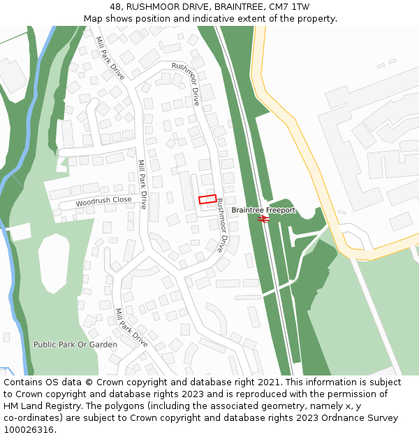48, RUSHMOOR DRIVE, BRAINTREE, CM7 1TW: Location map and indicative extent of plot