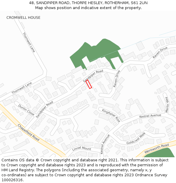48, SANDPIPER ROAD, THORPE HESLEY, ROTHERHAM, S61 2UN: Location map and indicative extent of plot