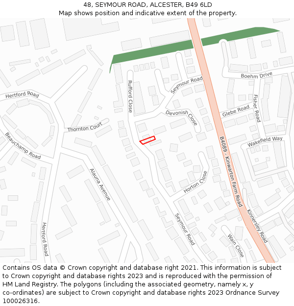 48, SEYMOUR ROAD, ALCESTER, B49 6LD: Location map and indicative extent of plot