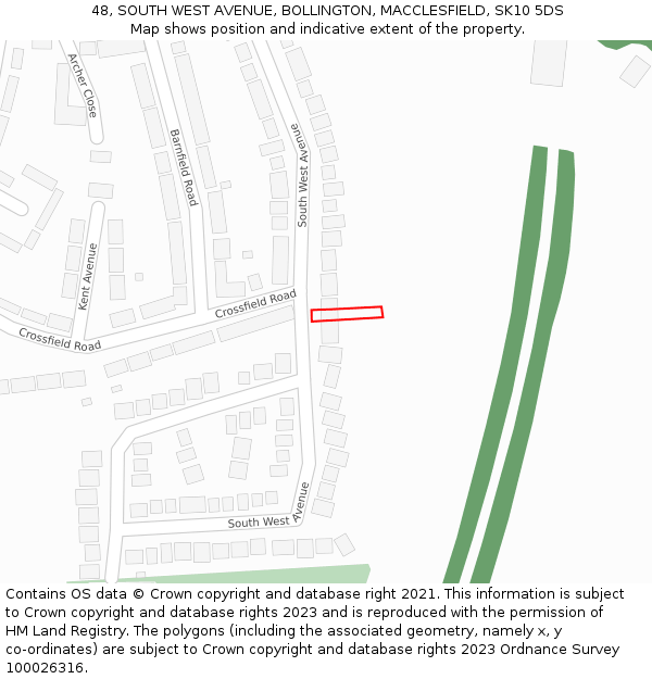 48, SOUTH WEST AVENUE, BOLLINGTON, MACCLESFIELD, SK10 5DS: Location map and indicative extent of plot