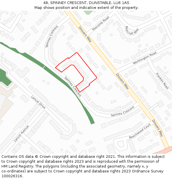 48, SPINNEY CRESCENT, DUNSTABLE, LU6 1AS: Location map and indicative extent of plot