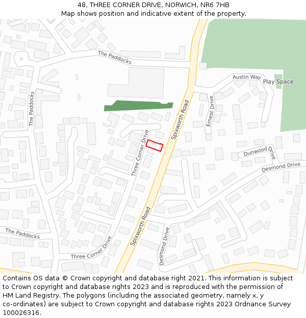 48, THREE CORNER DRIVE, NORWICH, NR6 7HB: Location map and indicative extent of plot