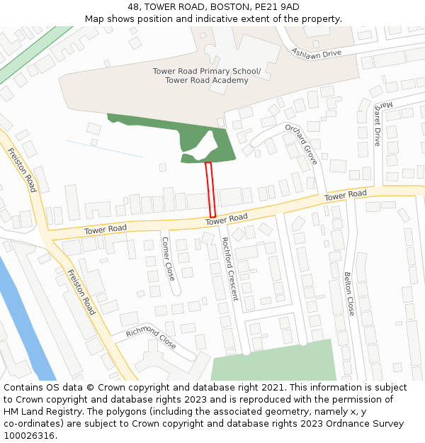 48, TOWER ROAD, BOSTON, PE21 9AD: Location map and indicative extent of plot