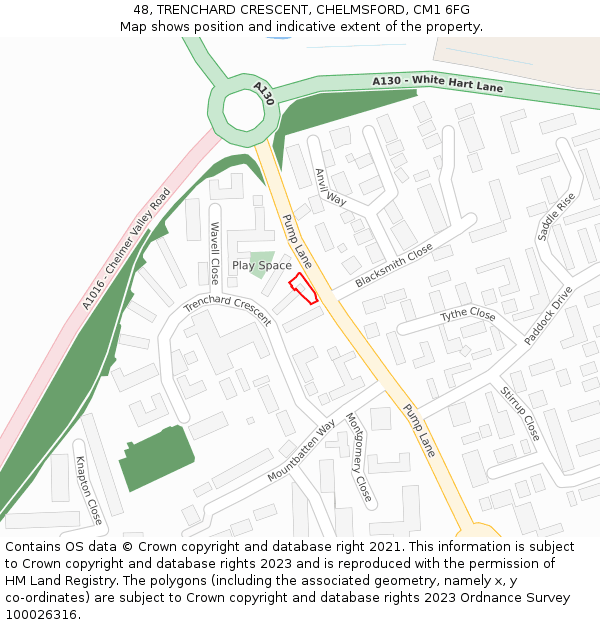 48, TRENCHARD CRESCENT, CHELMSFORD, CM1 6FG: Location map and indicative extent of plot