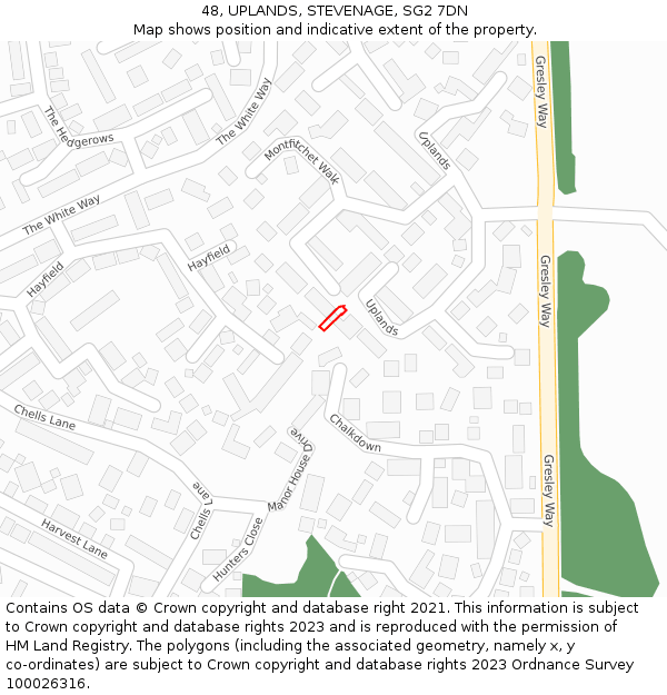 48, UPLANDS, STEVENAGE, SG2 7DN: Location map and indicative extent of plot