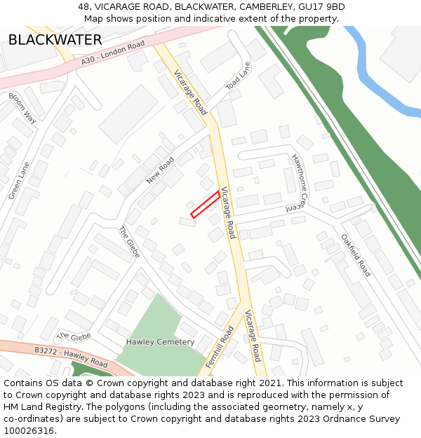 48, VICARAGE ROAD, BLACKWATER, CAMBERLEY, GU17 9BD: Location map and indicative extent of plot