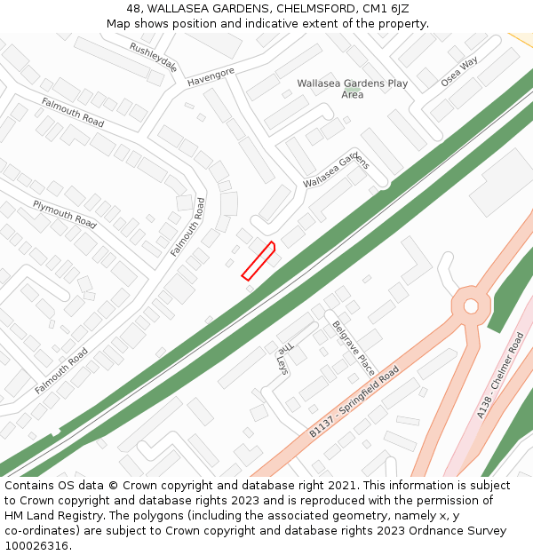 48, WALLASEA GARDENS, CHELMSFORD, CM1 6JZ: Location map and indicative extent of plot