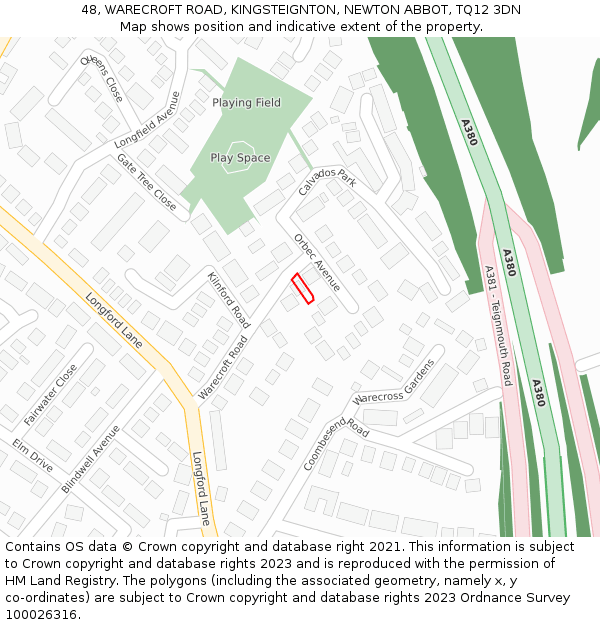 48, WARECROFT ROAD, KINGSTEIGNTON, NEWTON ABBOT, TQ12 3DN: Location map and indicative extent of plot