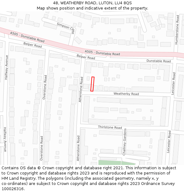 48, WEATHERBY ROAD, LUTON, LU4 8QS: Location map and indicative extent of plot