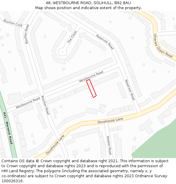 48, WESTBOURNE ROAD, SOLIHULL, B92 8AU: Location map and indicative extent of plot