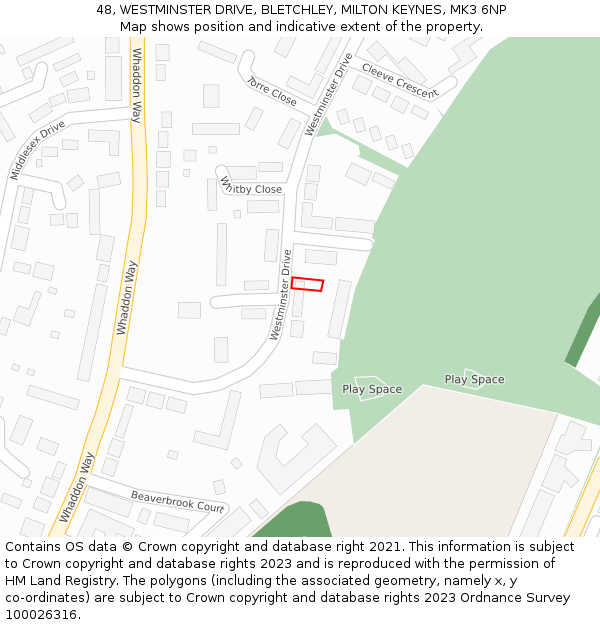 48, WESTMINSTER DRIVE, BLETCHLEY, MILTON KEYNES, MK3 6NP: Location map and indicative extent of plot