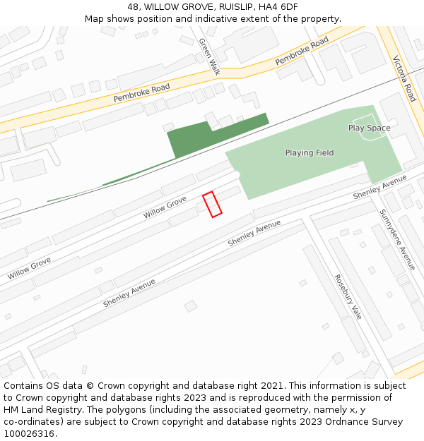 48, WILLOW GROVE, RUISLIP, HA4 6DF: Location map and indicative extent of plot