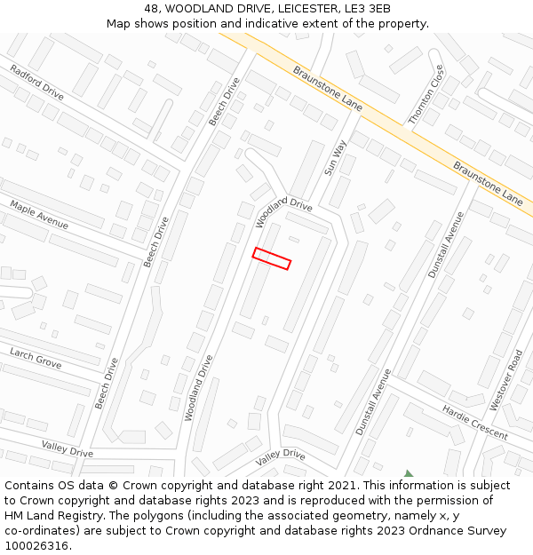 48, WOODLAND DRIVE, LEICESTER, LE3 3EB: Location map and indicative extent of plot