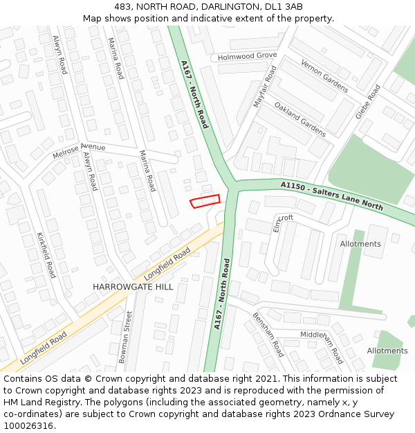 483, NORTH ROAD, DARLINGTON, DL1 3AB: Location map and indicative extent of plot