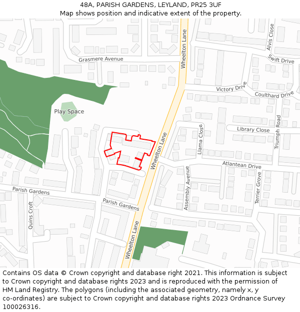 48A, PARISH GARDENS, LEYLAND, PR25 3UF: Location map and indicative extent of plot