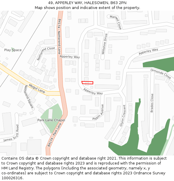 49, APPERLEY WAY, HALESOWEN, B63 2PN: Location map and indicative extent of plot