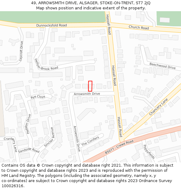 49, ARROWSMITH DRIVE, ALSAGER, STOKE-ON-TRENT, ST7 2JQ: Location map and indicative extent of plot