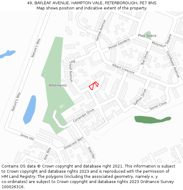49, BAYLEAF AVENUE, HAMPTON VALE, PETERBOROUGH, PE7 8NS: Location map and indicative extent of plot