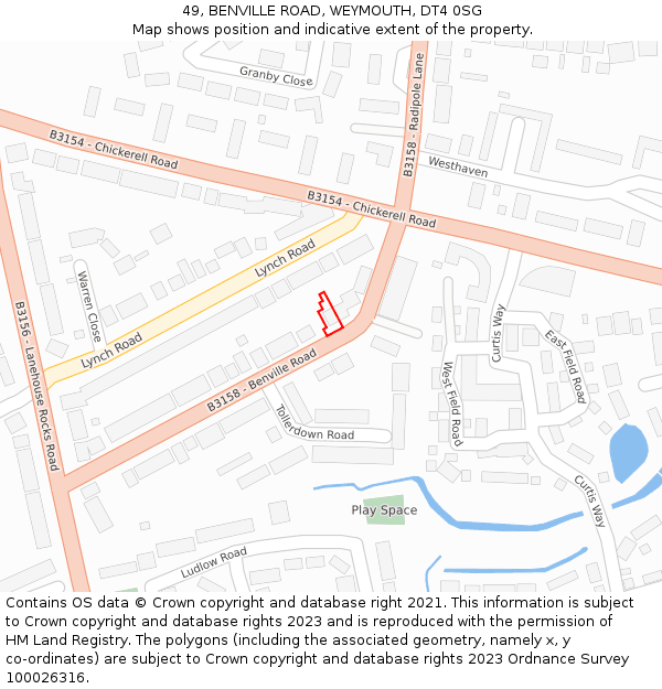 49, BENVILLE ROAD, WEYMOUTH, DT4 0SG: Location map and indicative extent of plot