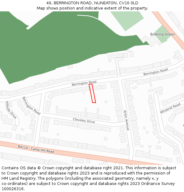 49, BERRINGTON ROAD, NUNEATON, CV10 0LD: Location map and indicative extent of plot