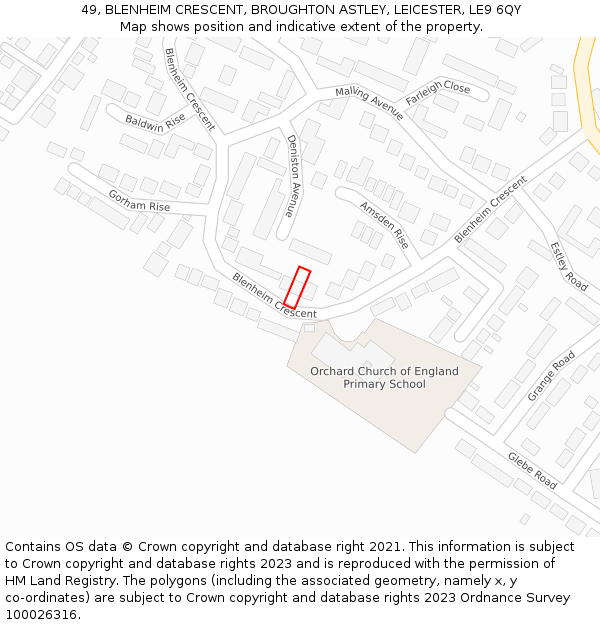 49, BLENHEIM CRESCENT, BROUGHTON ASTLEY, LEICESTER, LE9 6QY: Location map and indicative extent of plot