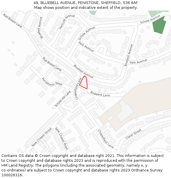 49, BLUEBELL AVENUE, PENISTONE, SHEFFIELD, S36 6AF: Location map and indicative extent of plot